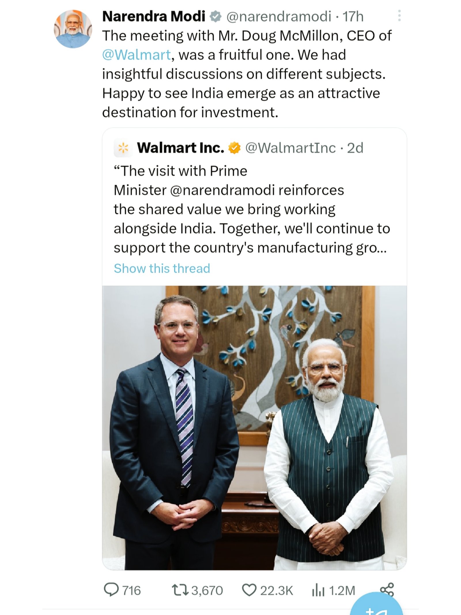 वॉलमार्ट के सीईओ मैकमिलन और प्रधानमंत्री नरेंद्र मोदी की निवेश को लेकर के फोटो की ट्विटर पर शेयर